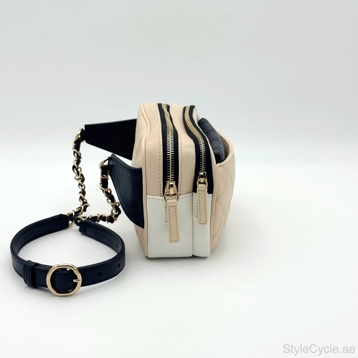 Chanel Waist Bag in Beige & Black Quilted Calfskin