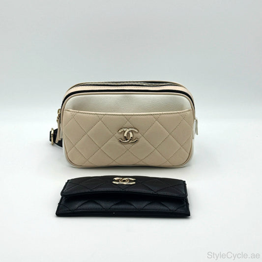 Chanel Waist Bag in Beige & Black Quilted Calfskin