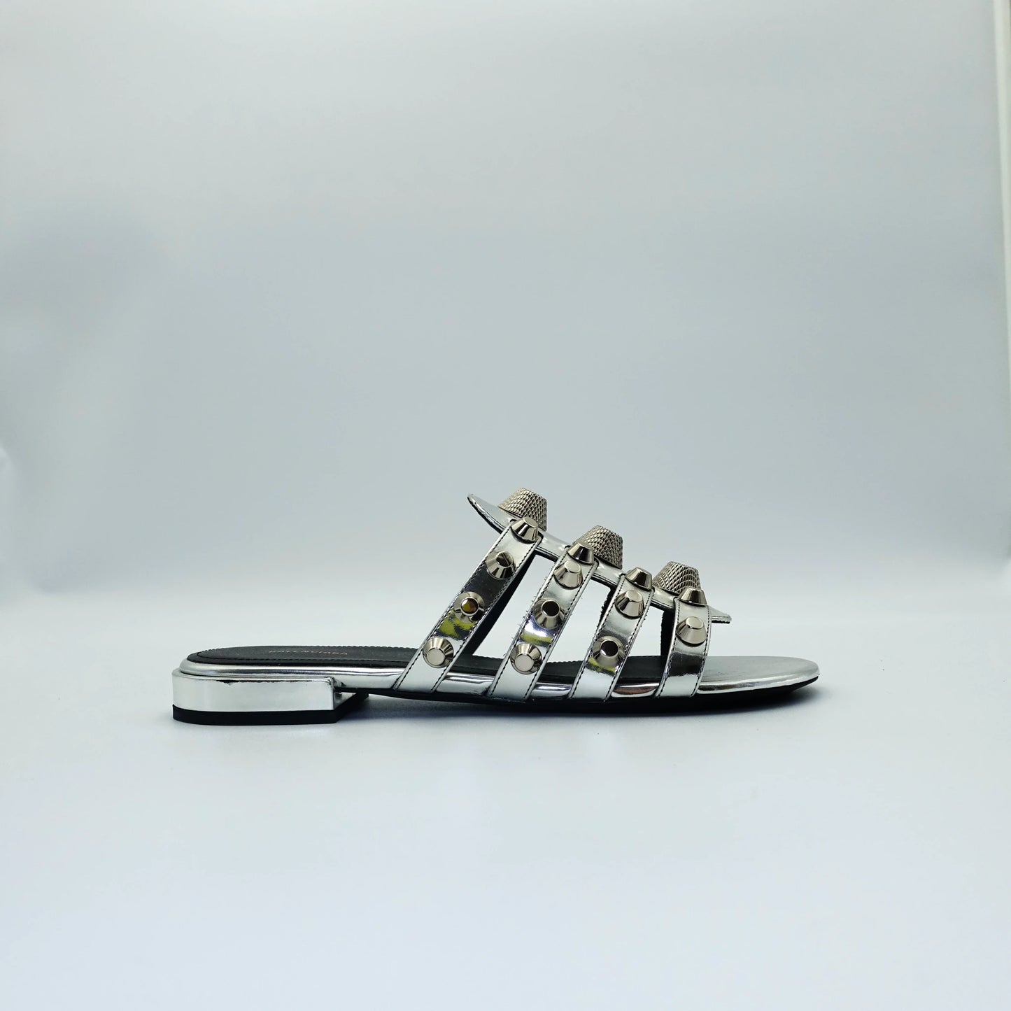 Balenciaga Arena Studded Sandals in Metallic Mirror Silver EU36.5
