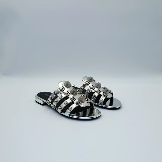 Balenciaga Arena Studded Sandals in Metallic Mirror Silver EU36.5