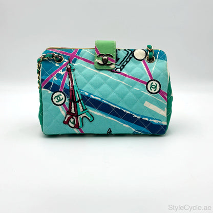 Chanel MultiColor Eiffel Tower Quilted Canvas Flap Shoulder Bag