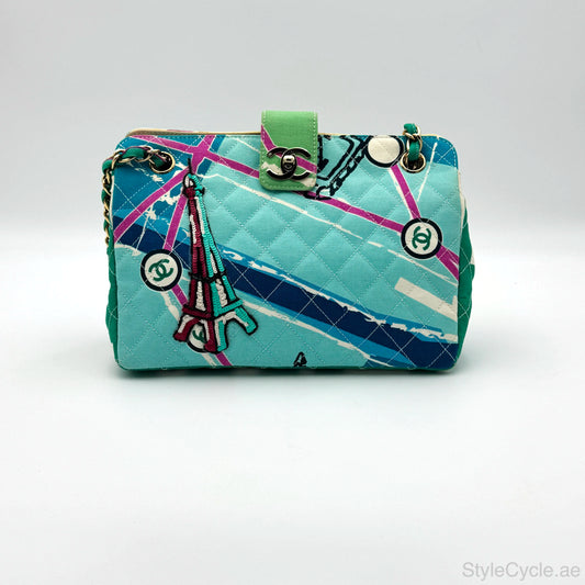 Chanel MultiColor Eiffel Tower Quilted Canvas Flap Shoulder Bag