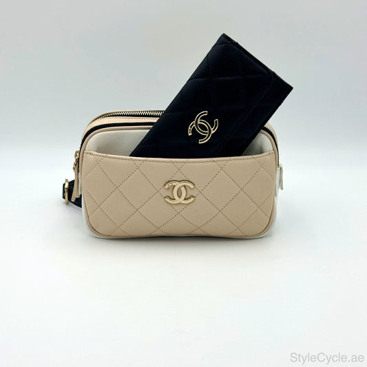 Chanel Waist Bag in Beige & Black Quilted Calfskin