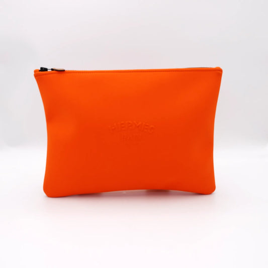 Hermès Bain Zip Pouch in orange coated canvas / neoprene
