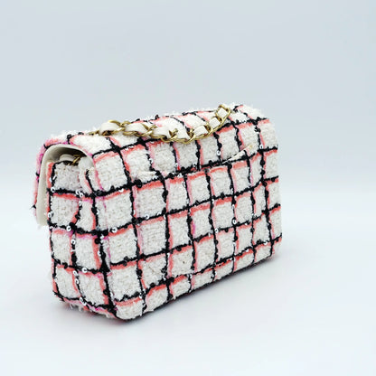 Chanel Mini White Multicolor Tweed Sequin Single Flap Bag