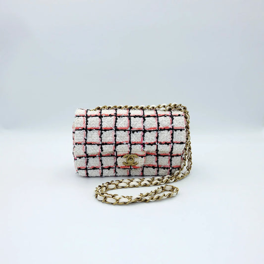 Chanel Mini White Multicolor Tweed Sequin Single Flap Bag