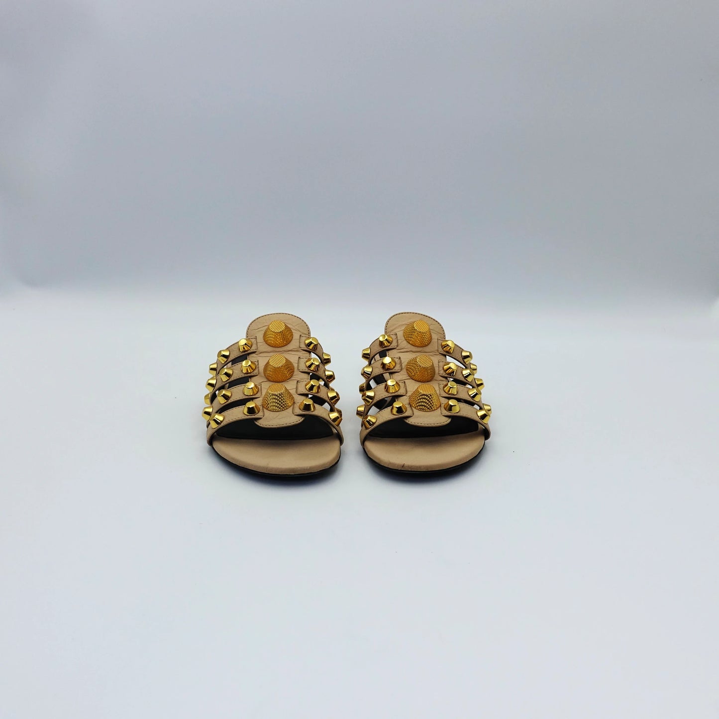 Balenciaga Arena Studded Sandals in Beige and Gold Hardware EU36
