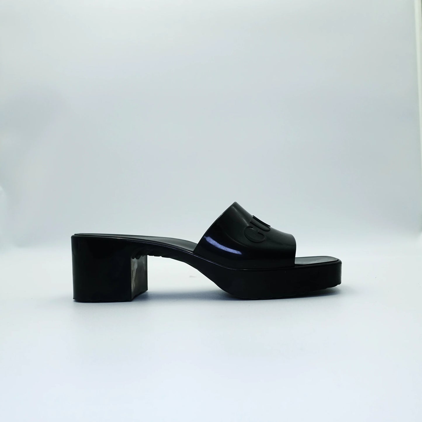 Gucci Rubber Logo Block Heel Mules EU36