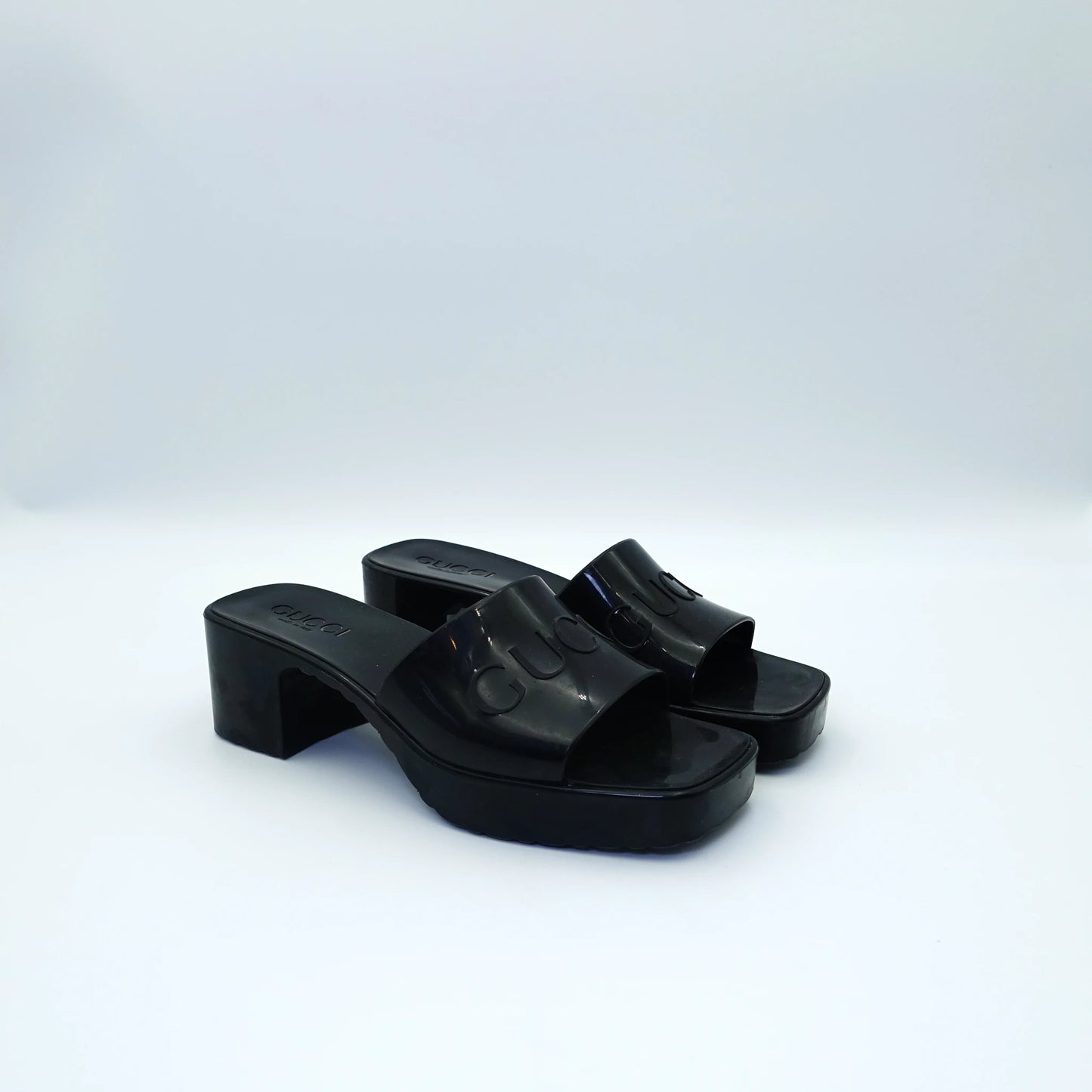 Gucci Rubber Logo Block Heel Mules EU36