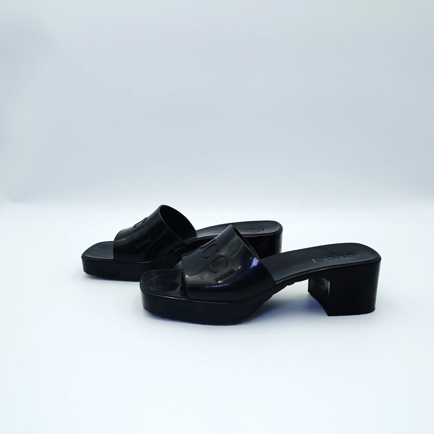 Gucci Rubber Logo Block Heel Mules EU36