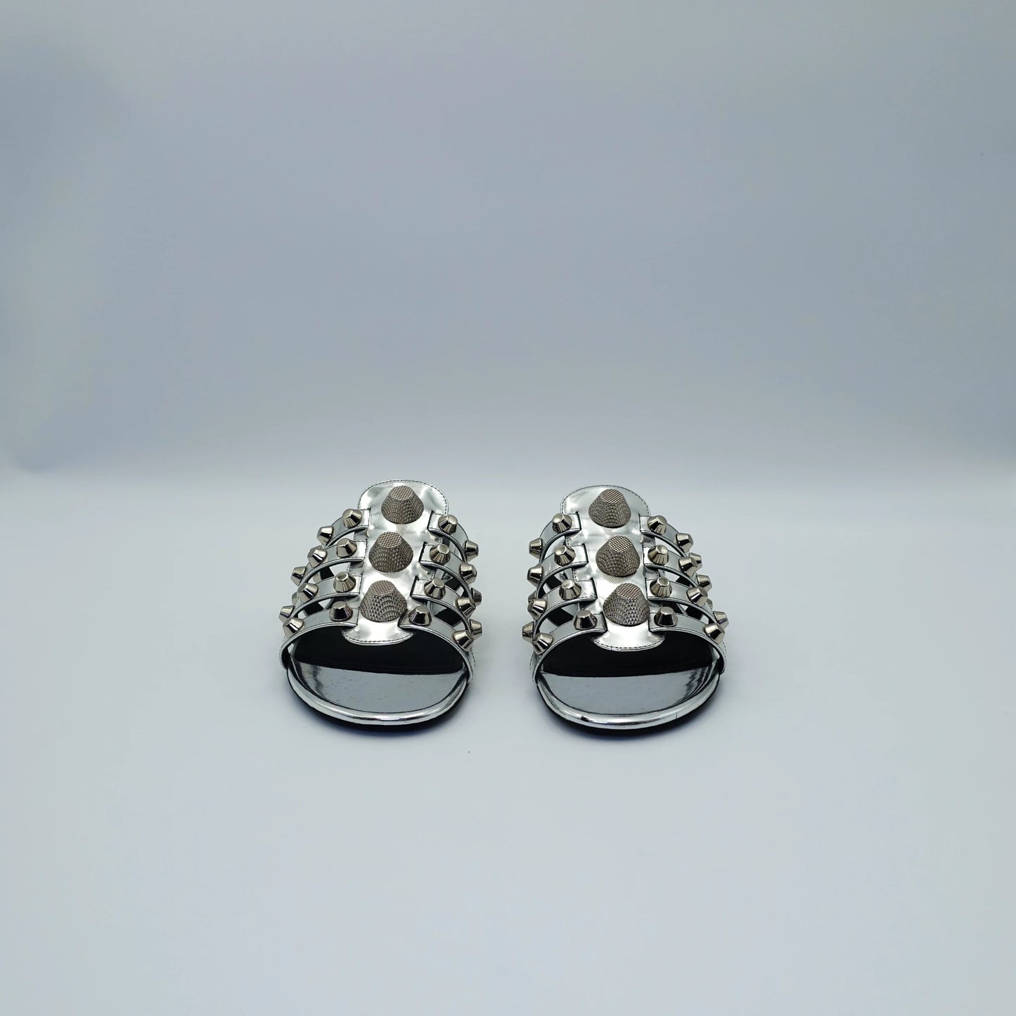 Balenciaga Arena Studded Sandals in Metallic Mirror Silver EU36.5