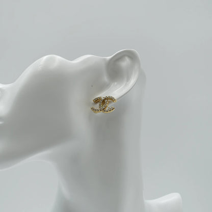 Chanel Crystal CC Stud Earrings in Gold Tone