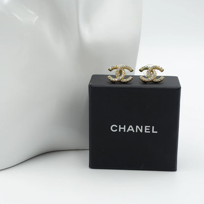 Chanel Crystal CC Stud Earrings in Gold Tone