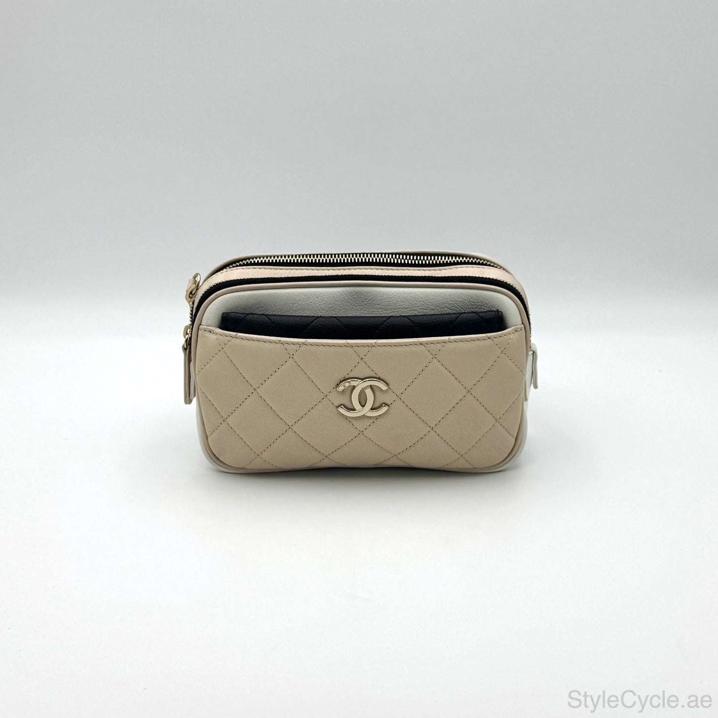 Chanel Waist Bag in Beige & Black Quilted Calfskin